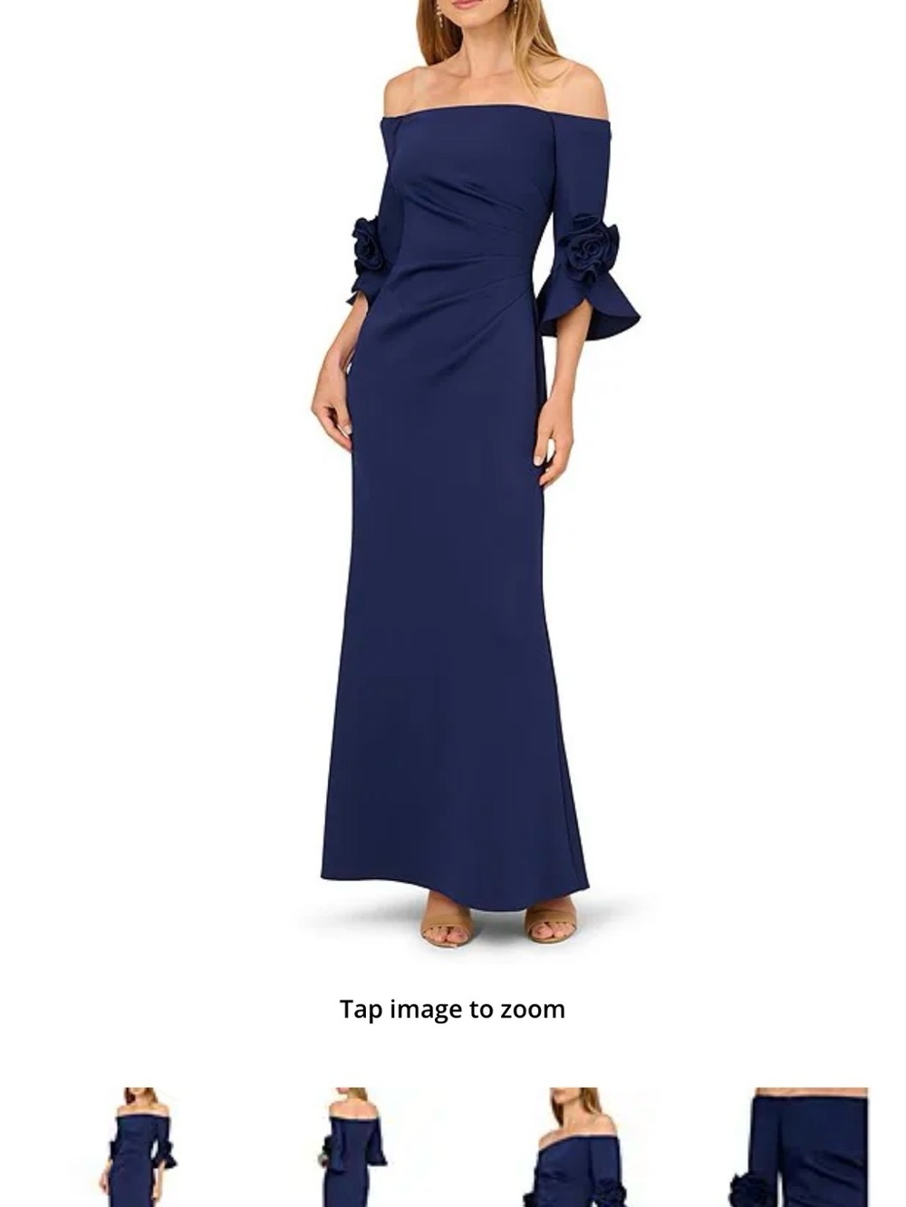Adrianna Papell Off-Shoulder Navy Gown with Floral Sleeve Accents
